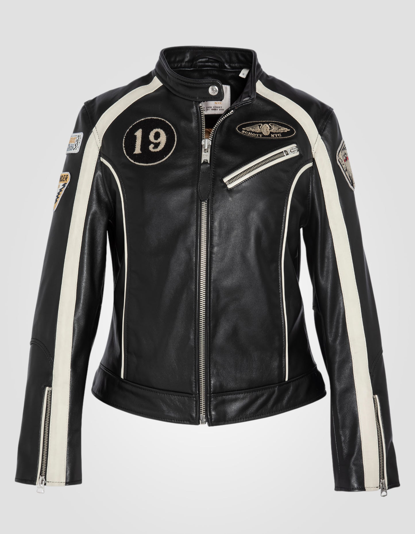 Blouson motard badgé, cuir de vachette