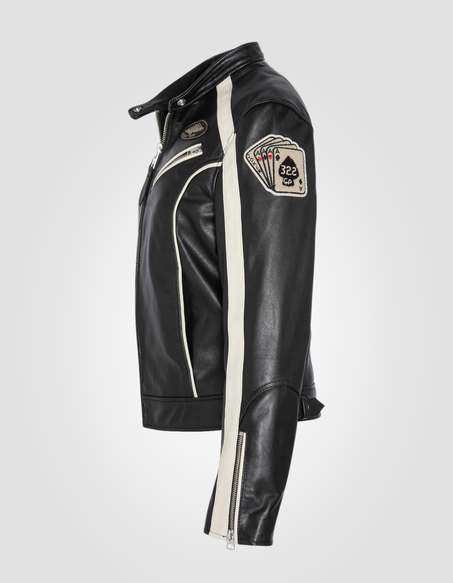 Blouson motard badgé, cuir de vachette