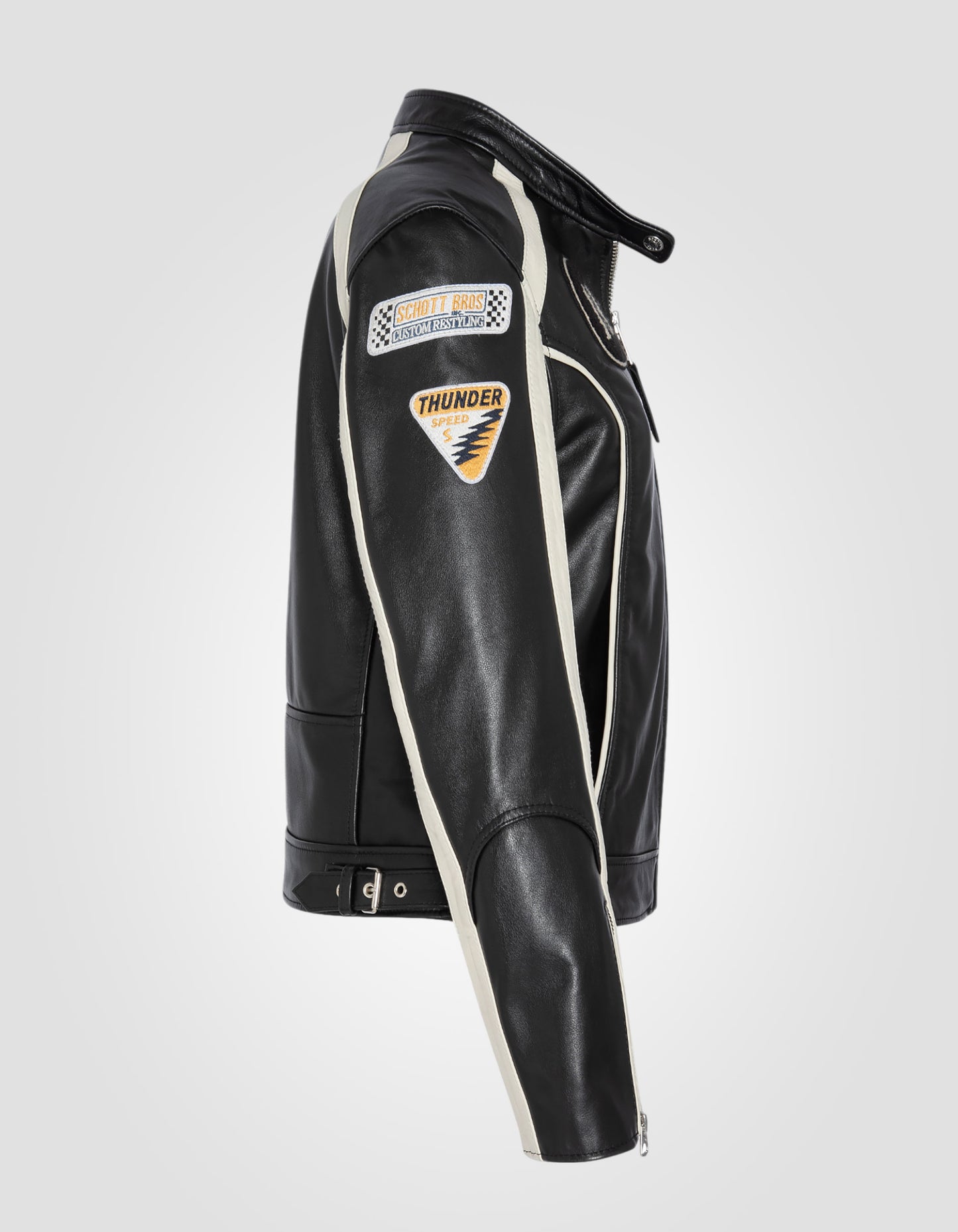 Blouson motard badgé, cuir de vachette