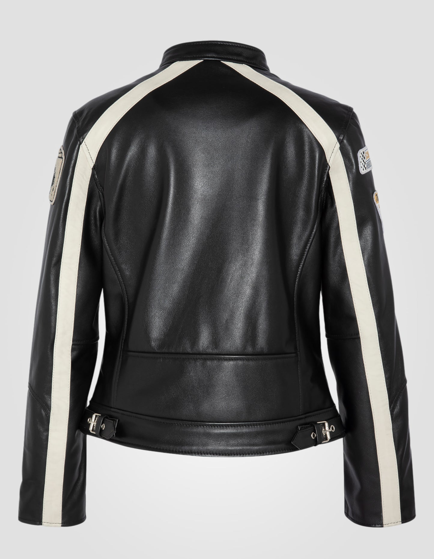 Blouson motard badgé, cuir de vachette