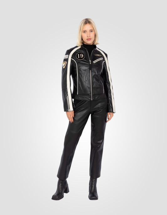 Blouson motard badgé, cuir de vachette