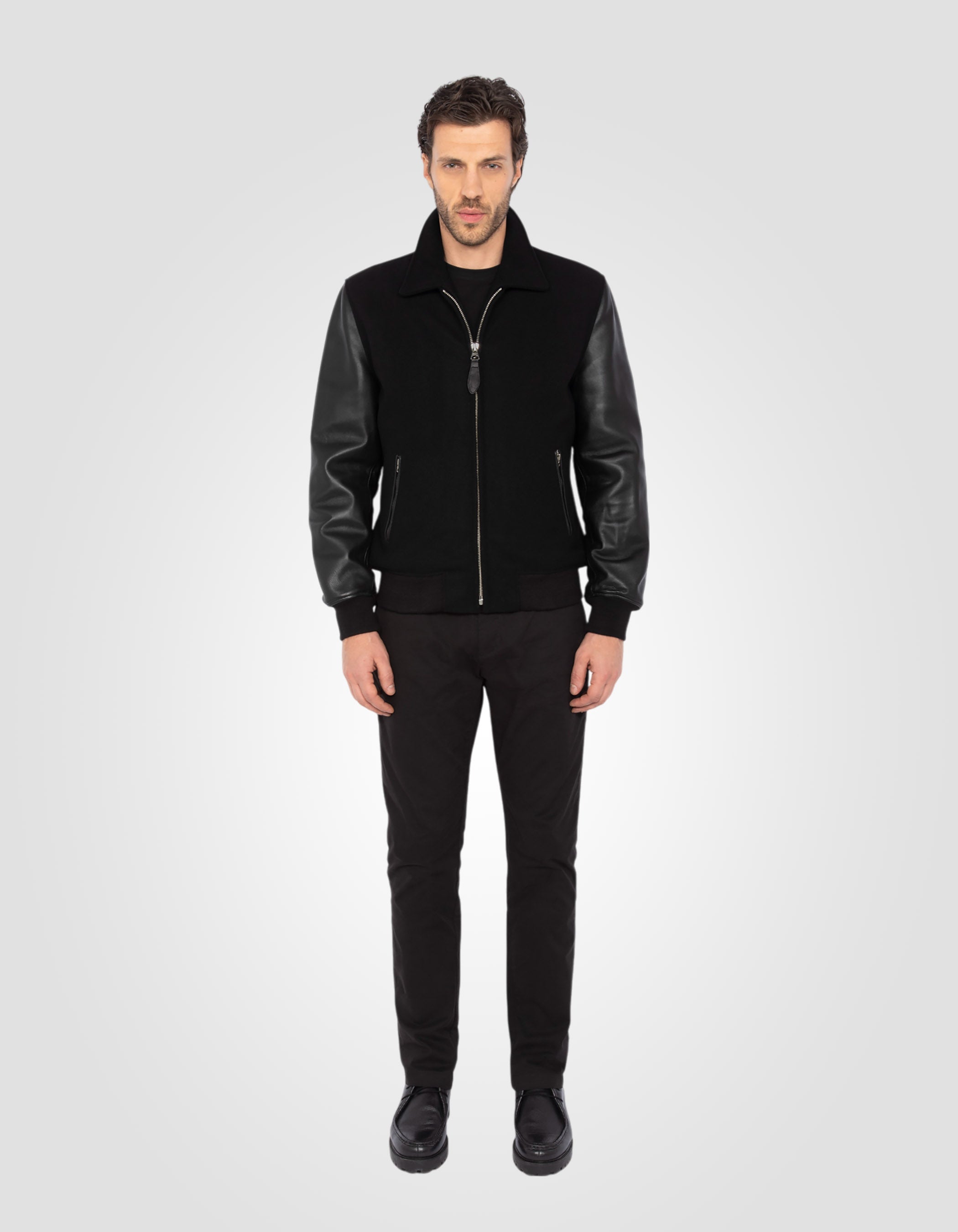 Dual fabric casual jacket, lambskin leather-1