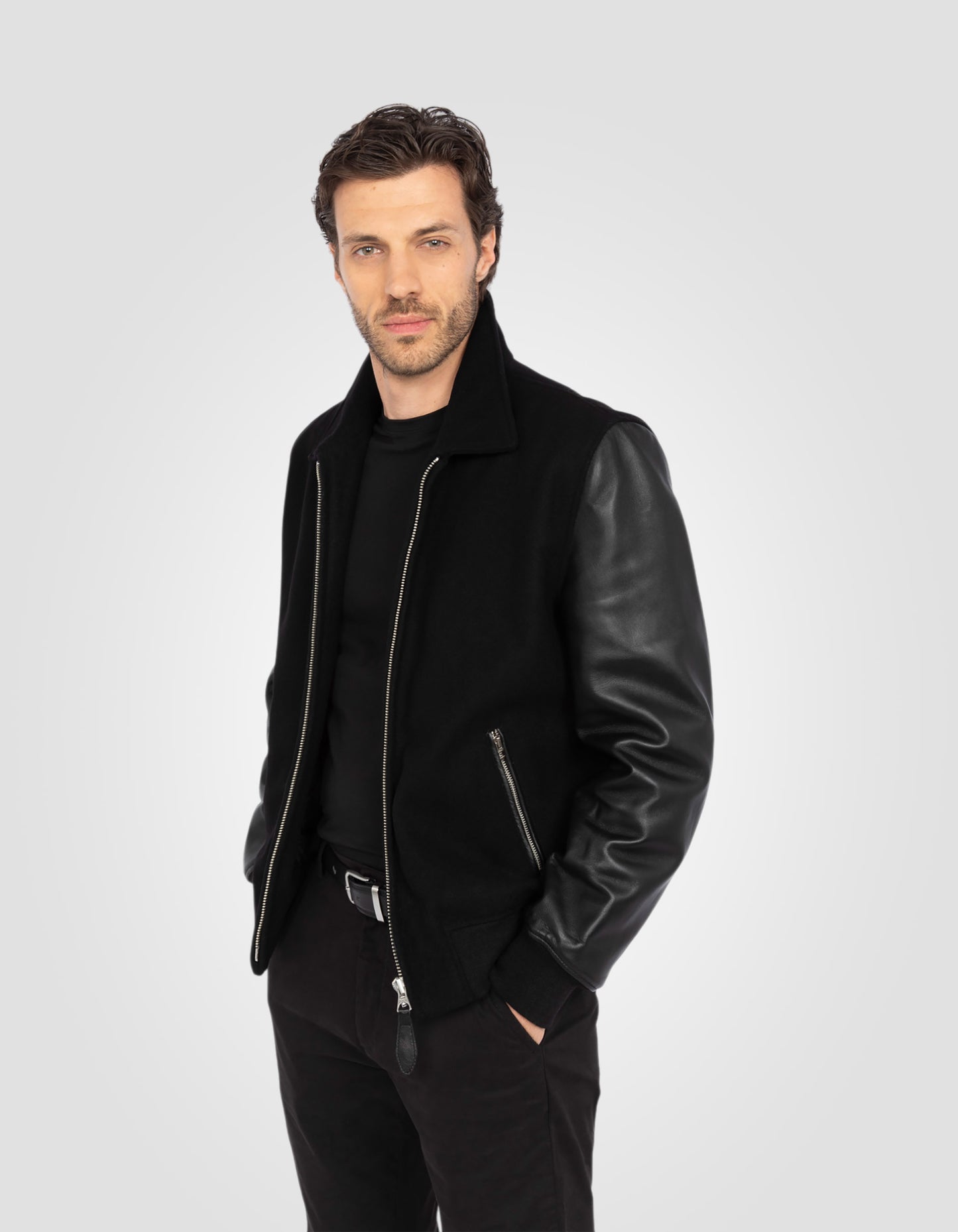 Blouson casual bi-matière, cuir d'agneau