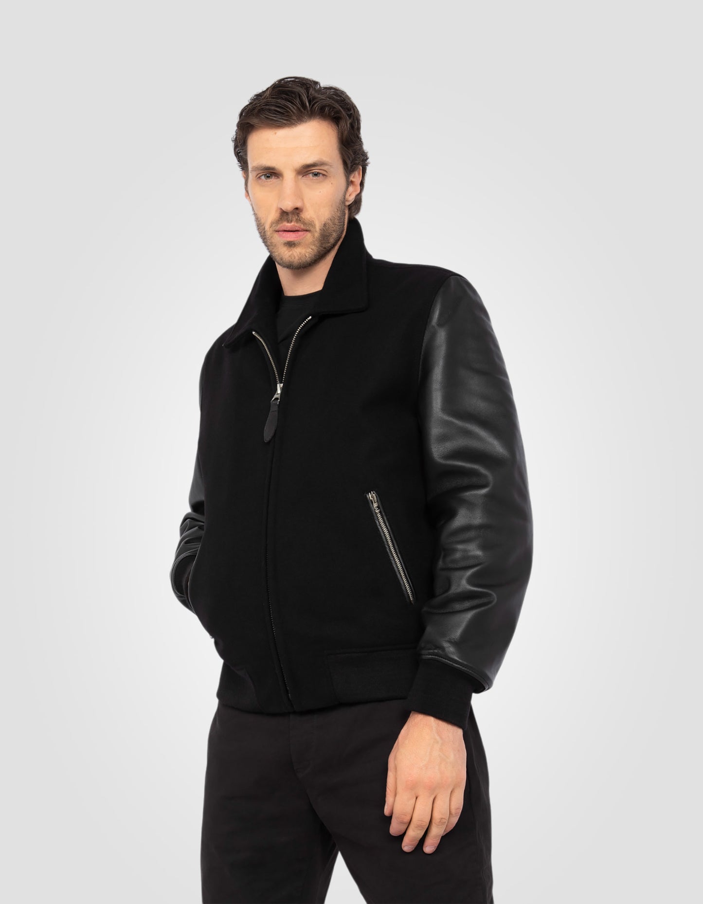 Blouson casual bi-matière, cuir d'agneau