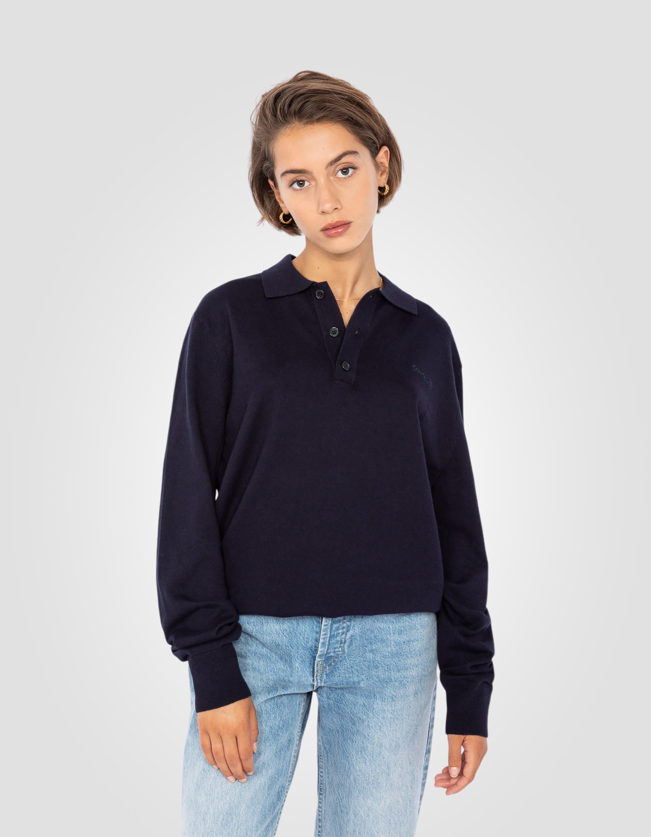 Fine knit Sweater with polo collar-4