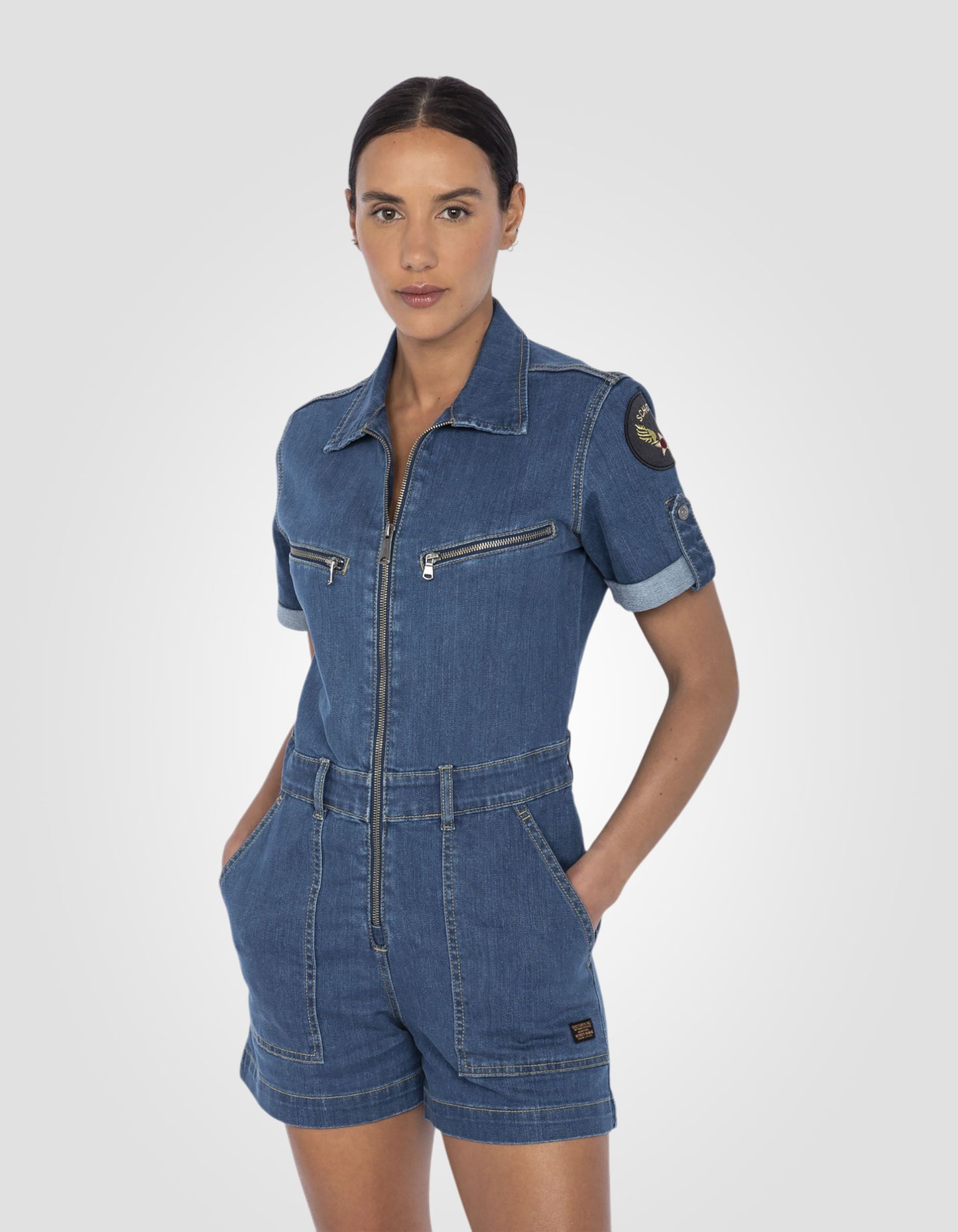 Slim-fit denim patched jumpsuit