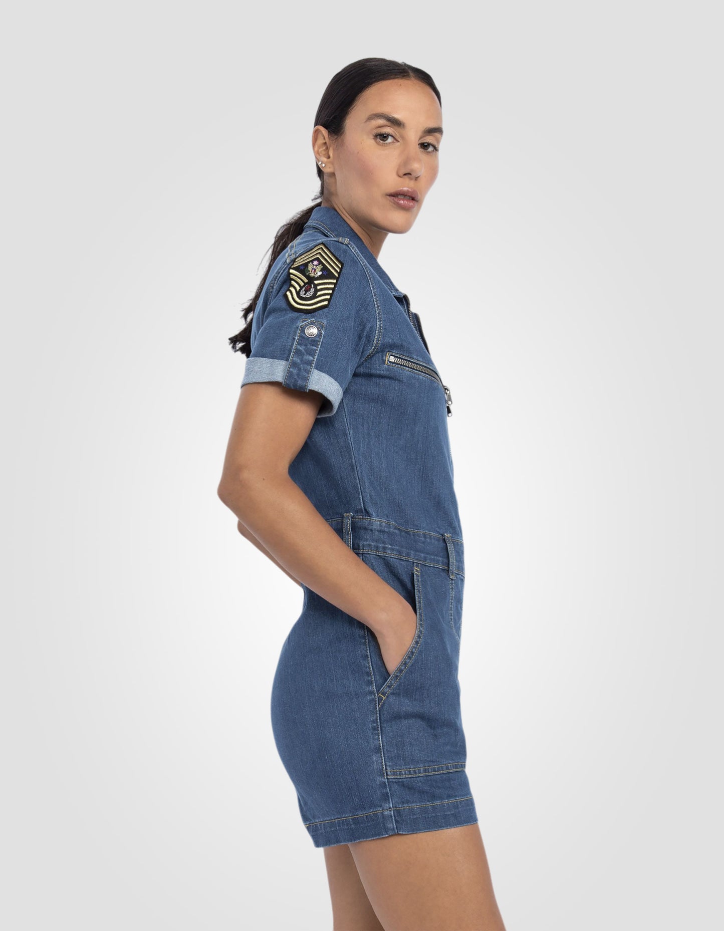 Slim-fit denim patched jumpsuit