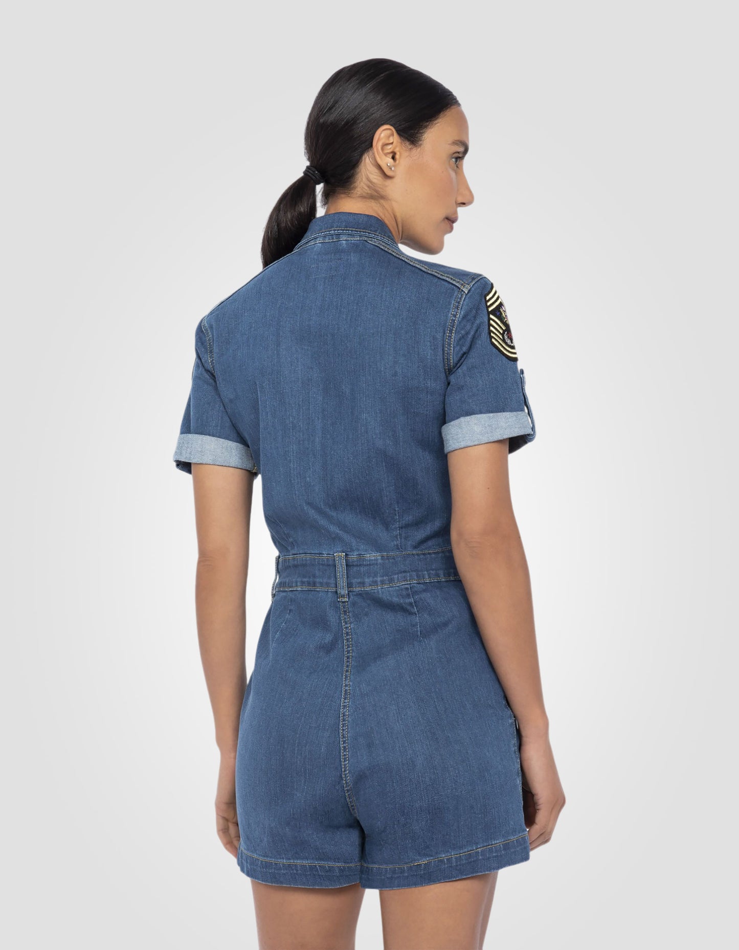 Slim-fit denim patched jumpsuit