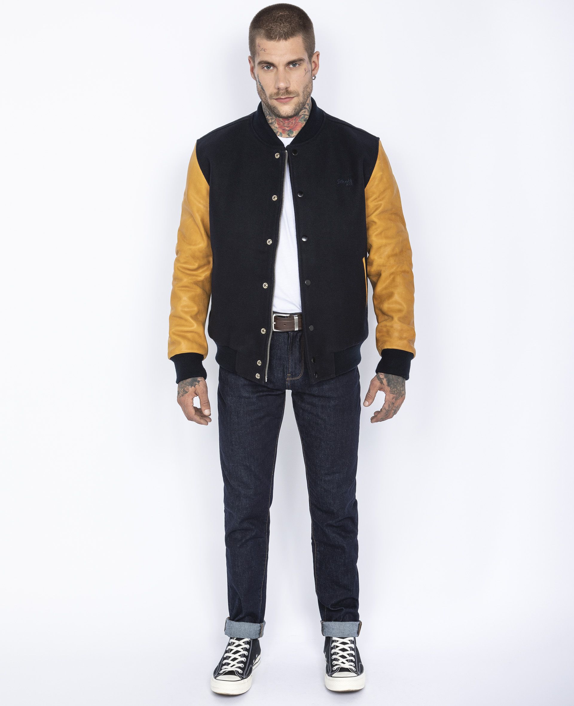 Buy Varsity jacket, cowhide leather man Body : 100% wool Sleeves : cowhide  leather | Schott NYC